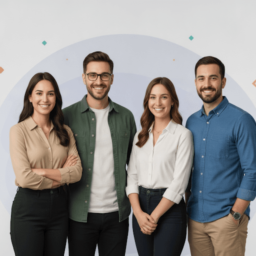 A diverse team of four young professionals in business casual attire smiling and standing together