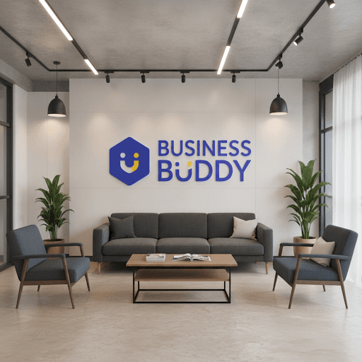 A modern, bright office reception area with business logo